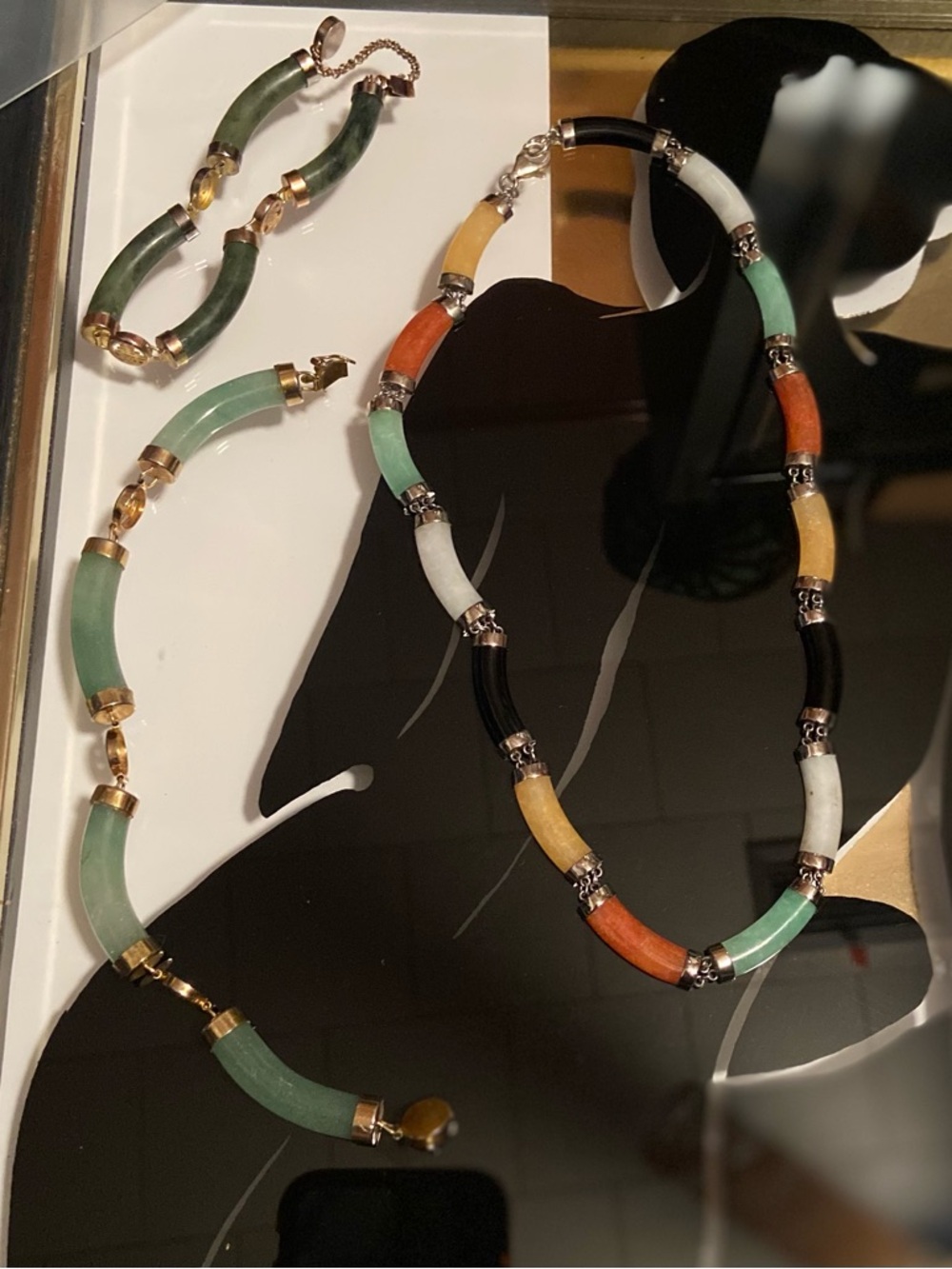 Multicolor 925 Jade Tube Necklace and 2 Vintage Jade Bracelets Lot 91